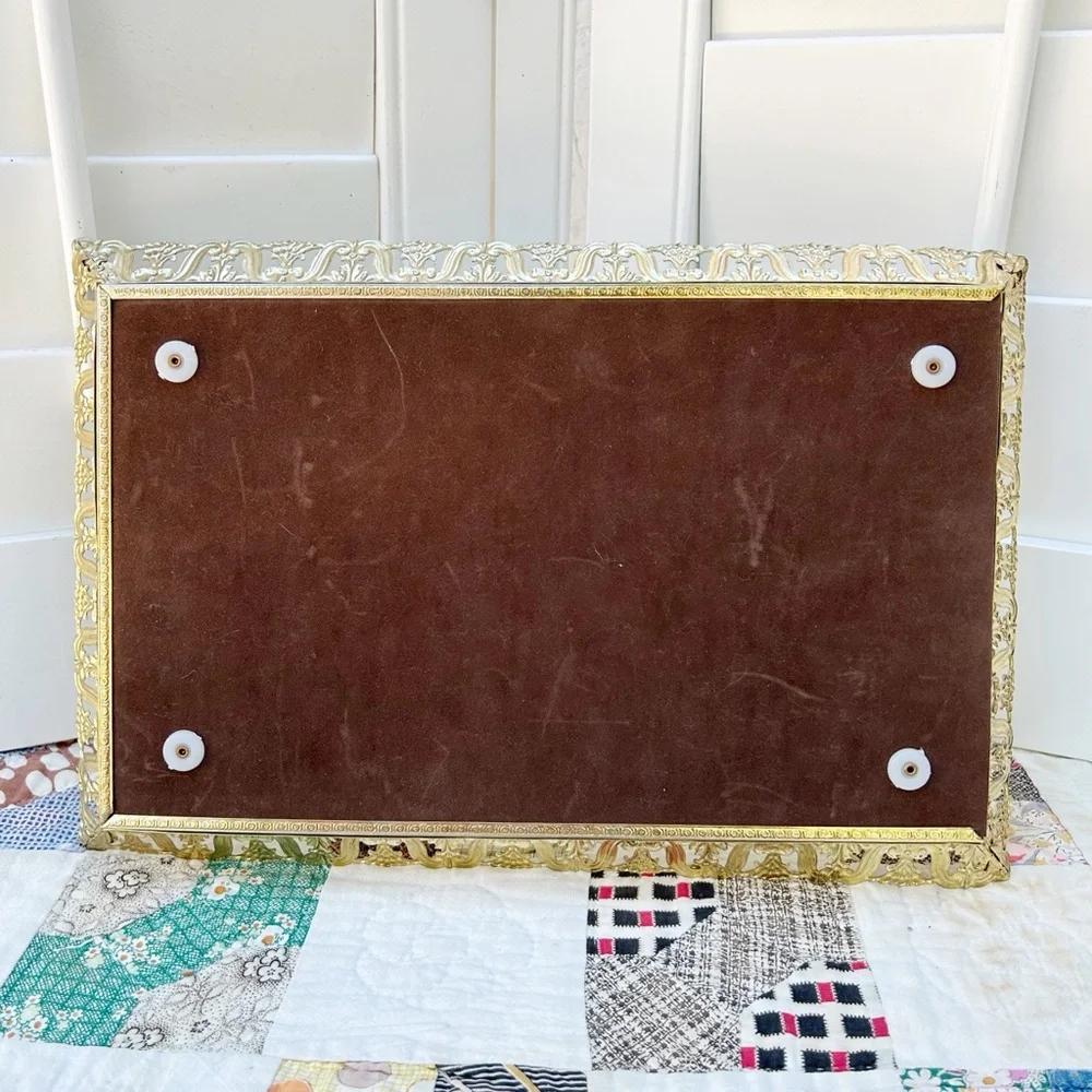 Vintage Hollywood Regency Mirror Dresser Vanity Tray Brass Filigree Decor